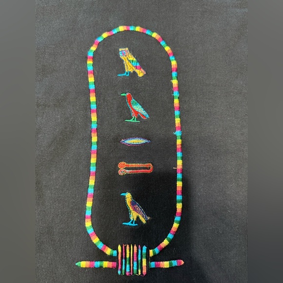 Vintage Darwish L Moonlight Egyptian Ancient Hieroglyphics Cotton Black Crewneck - Picture 6 of 8